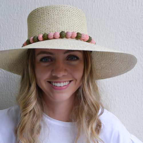 Natural hat with straw poms in olive and pink