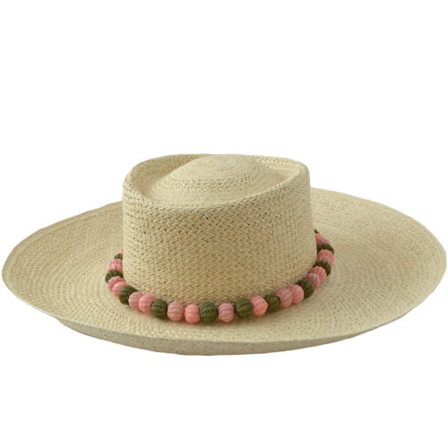 Natural hat with olive and pink poms