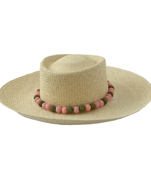Natural hat with olive and pink poms