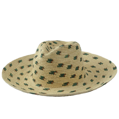 Wide brim hat with green and brown details