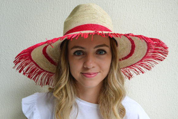 Red and Natural Frayed Sun Hat