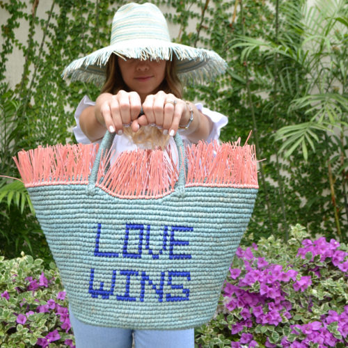 Baby Blue Crochet Straw Tote with Love Wins phrase