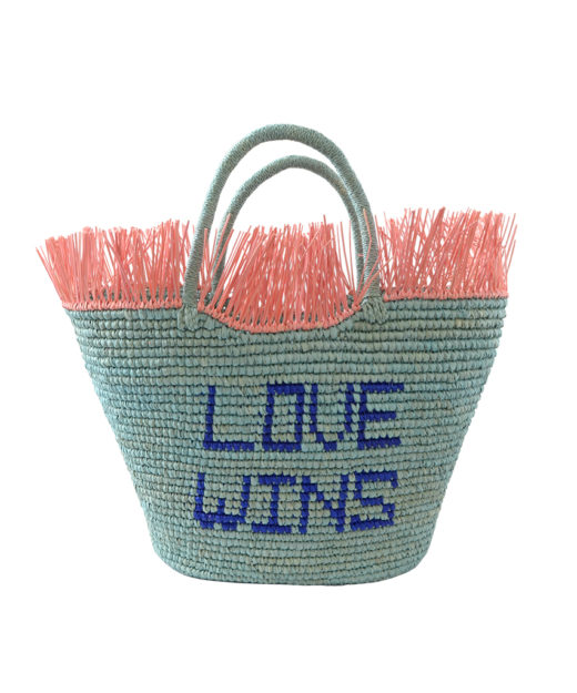 Baby Blue Crochet Straw Tote with Love Wins phrase