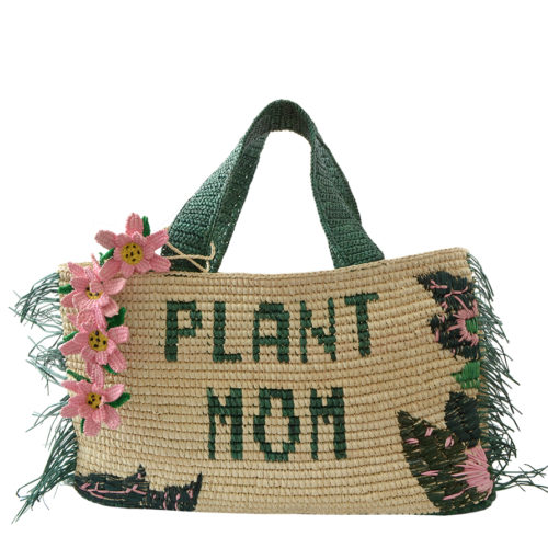 Plant Mom Straw tote with Green plant details