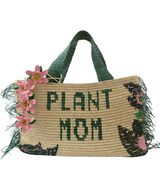 Plant Mom Straw tote with Green plant details